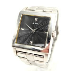 Guess Mens Jumbo Square Black 38mm Diamond Watch Stainless Steel w New Battery